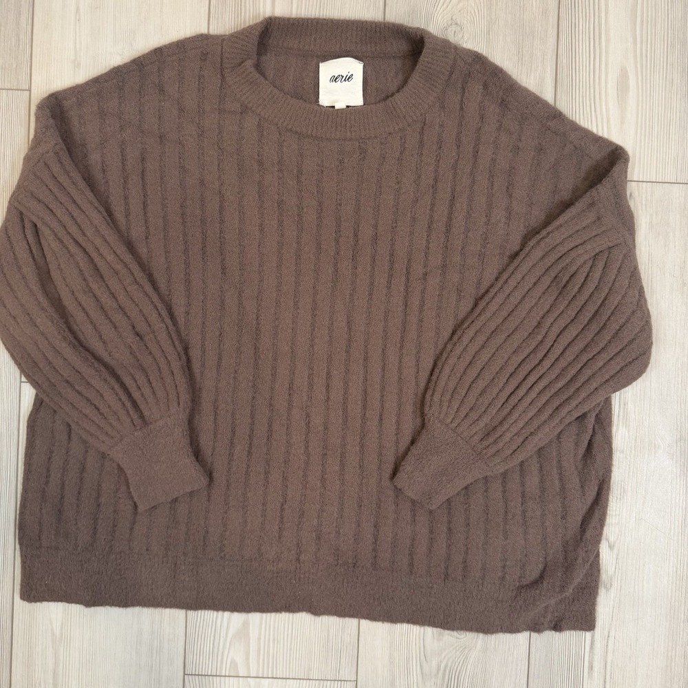Aerie Buttercream Fuzzy Crewneck Sweater Brown Medium Oversized Pullover - Picture 3 of 10